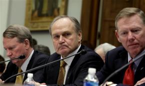 Rick Wagoner of G.M., Robert Nardelli of Chrysler and Alan Mulally of Ford testifying in front of Congress